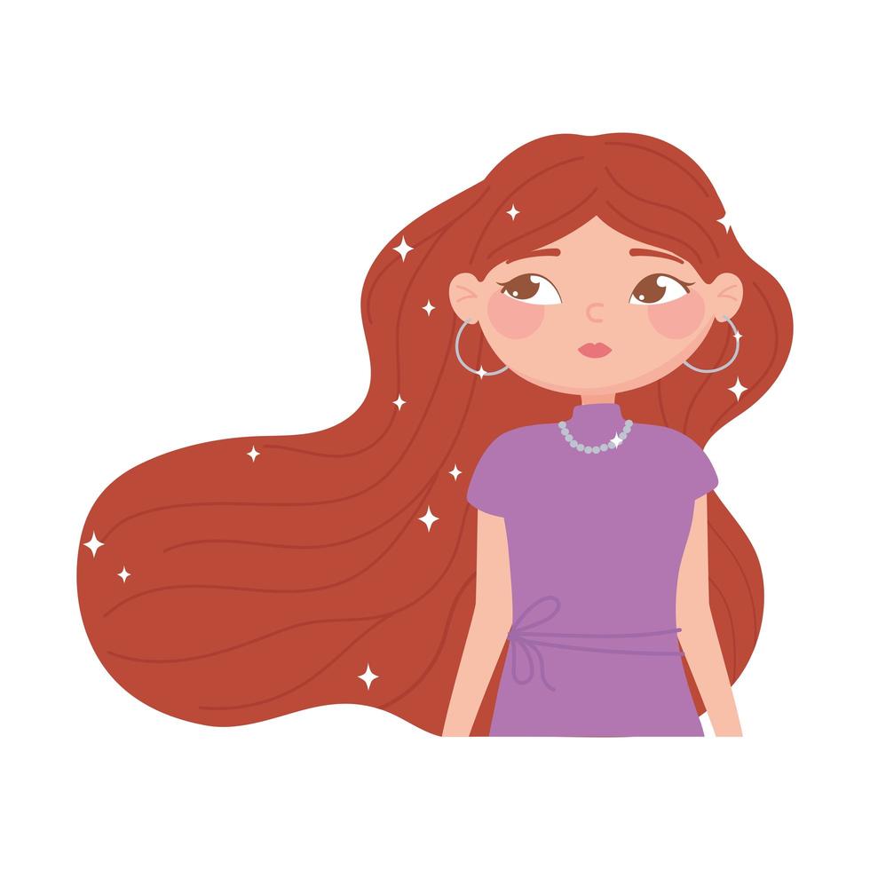 ritratto carino giovane donna con capelli lunghi castani cartone animato vettore