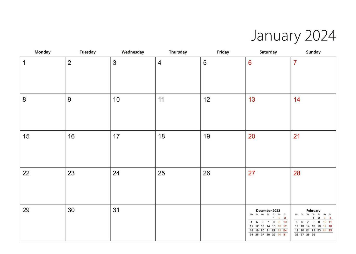 gennaio 2024 semplice calendario pianificatore, settimana inizia a partire dal lunedì. vettore