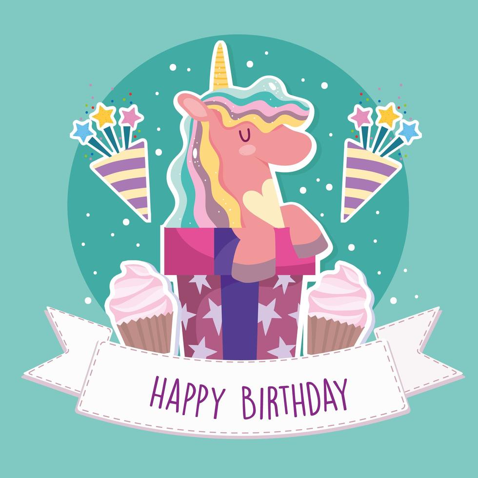 regali di compleanno unicorno vettore