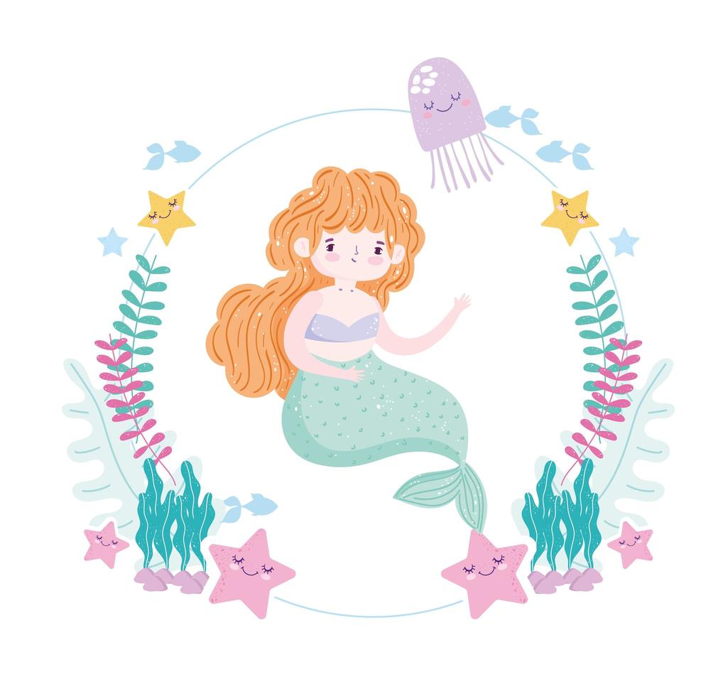 sirena con simpatiche stelle marine meduse alghe e pesci cartone animato vettore