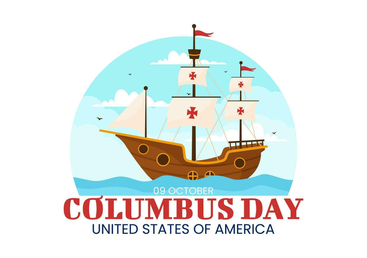 contento columbus giorno vettore illustrazione di nazionale Stati Uniti d'America vacanza con nave e americano bandiera sfondo nel piatto cartone animato mano disegnato modelli