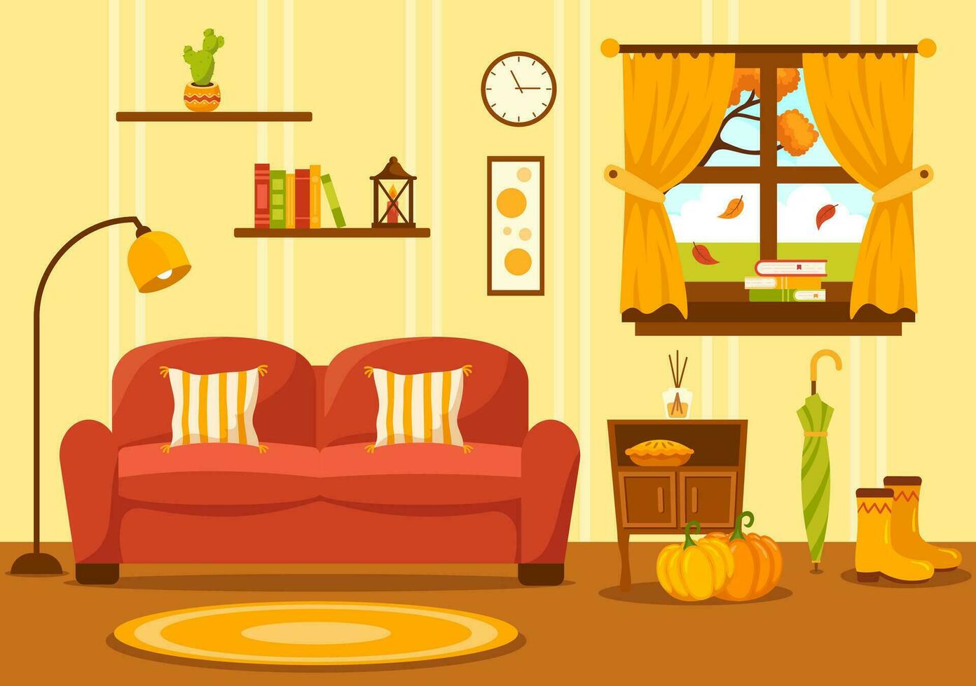 autunno accogliente casa arredamento vettore illustrazione con vivente camera interno mobilia sfondo elementi nel piatto cartone animato mano disegnato modelli