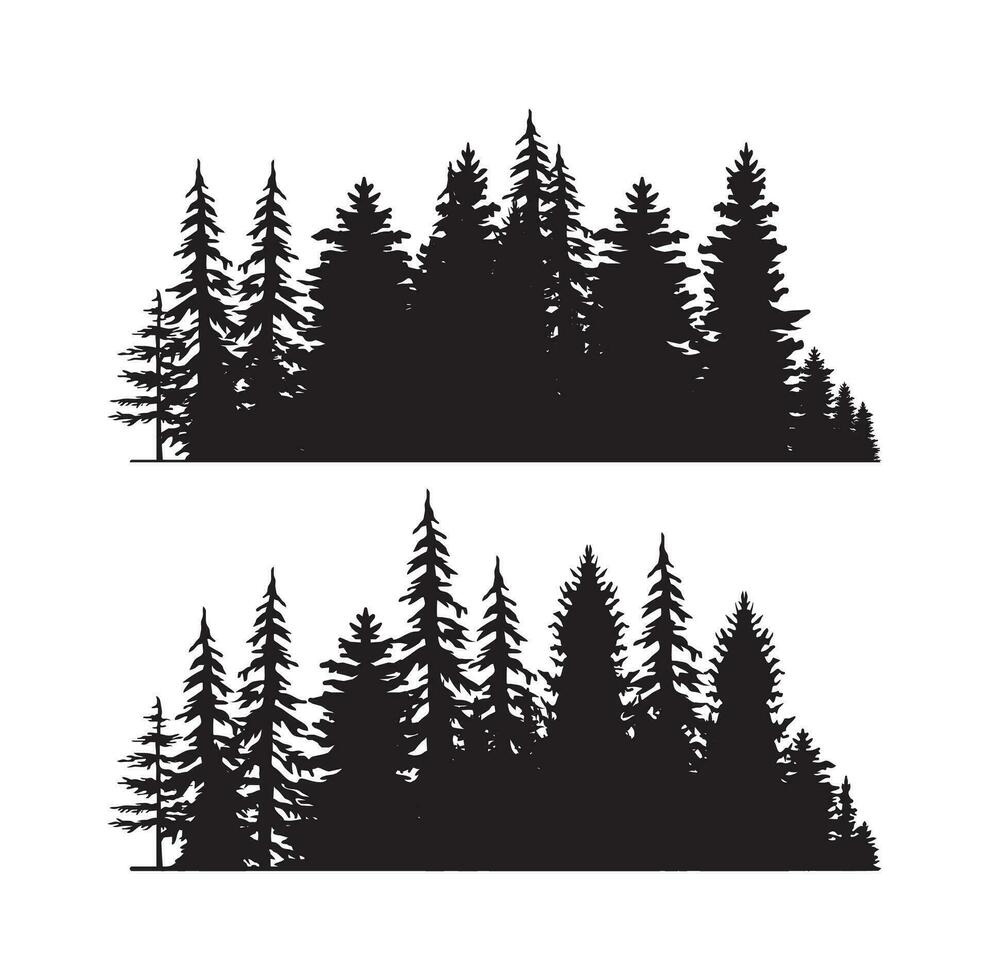 alberi d'epoca e sagome forestali impostate in stile monocromatico isolato illustrazione vettoriale