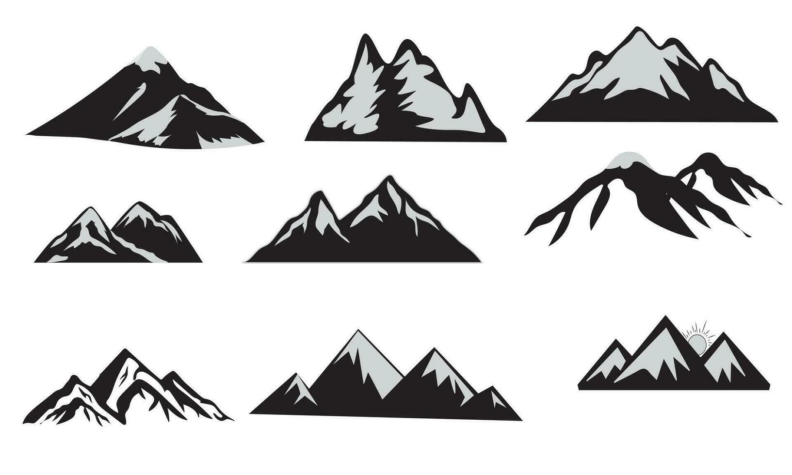 montagna vettore, icona, impostato di roccioso montagna silhouette. fascio disegno vettoriale un' illustratore vettore di montagna silhouette clip-art impostato