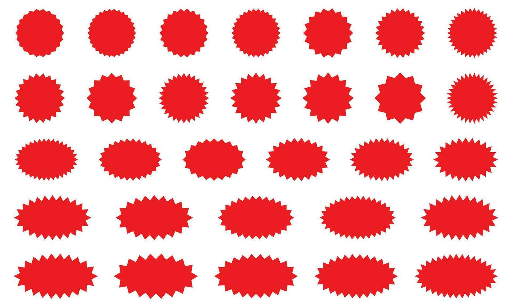 starburst rosso etichetta impostato - collezione di speciale offrire vendita il giro e ovale sunburst etichette e pulsanti isolato su bianca sfondo. adesivi e badge con stella bordi per promo pubblicità. vettore