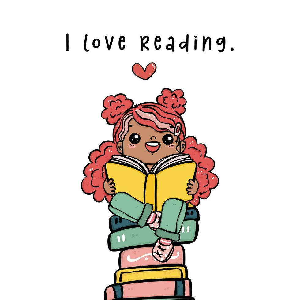 un' allegro Sorridi topo di biblioteca nero ragazza lettura un' libro su un' mucchio di libri, cartone animato mano disegno scarabocchio semplice e luminosa stile. vettore