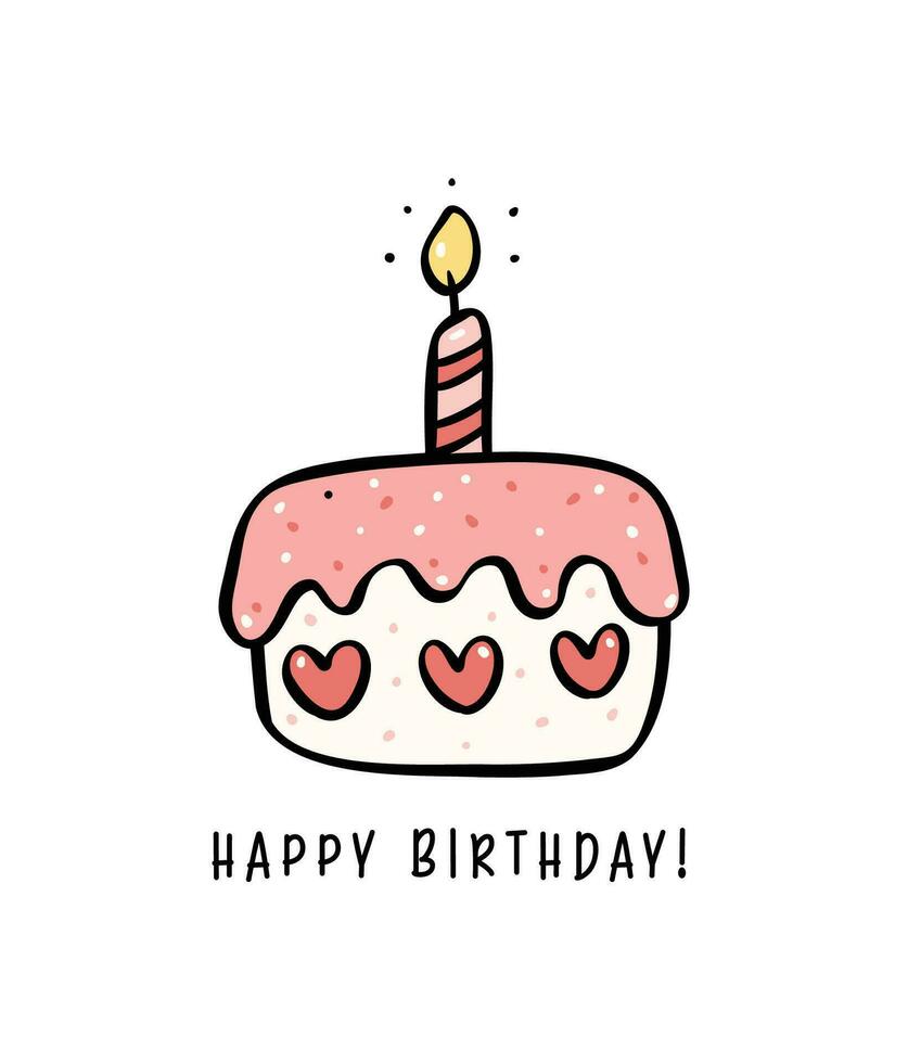 mano disegnato dolce rosa compleanno torta con un' candela scarabocchio, celebrare festa con carino minimo torta illustrazione Perfetto per saluto carte. vettore