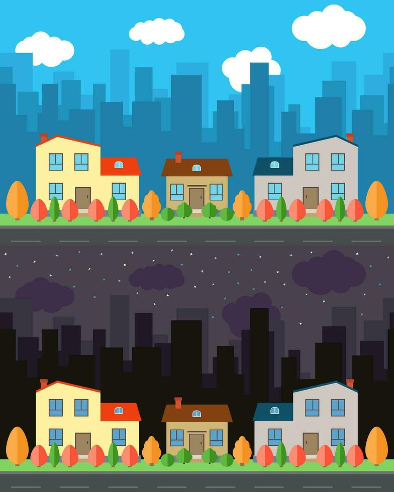 vettore città con tre cartone animato case nel il giorno e notte. estate urbano paesaggio. strada Visualizza con paesaggio urbano su un' sfondo