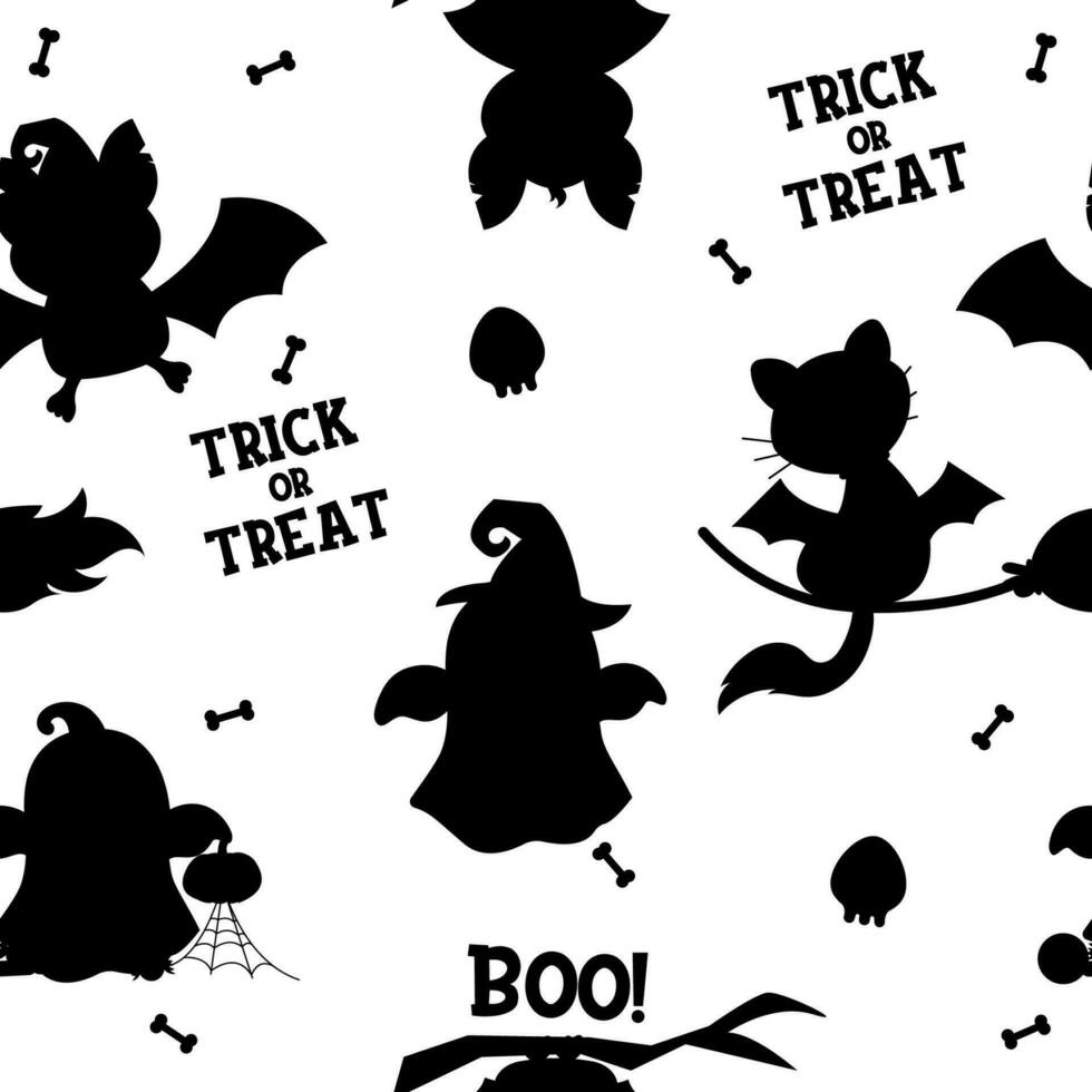 senza soluzione di continuità silhouette modello personaggi Halloween gatto, fantasma, pipistrello vettore