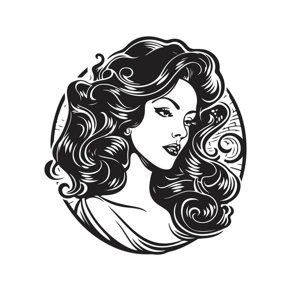 bellissimo fantasia donna, Vintage ▾ logo linea arte concetto nero e bianca colore, mano disegnato illustrazione vettore