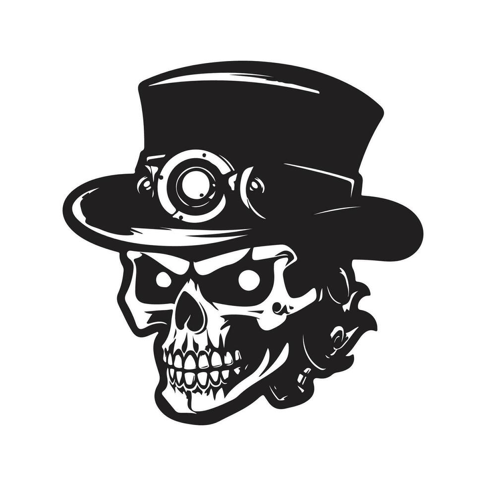 cranio indossare steampunk cappello, Vintage ▾ logo linea arte concetto nero e bianca colore, mano disegnato illustrazione vettore