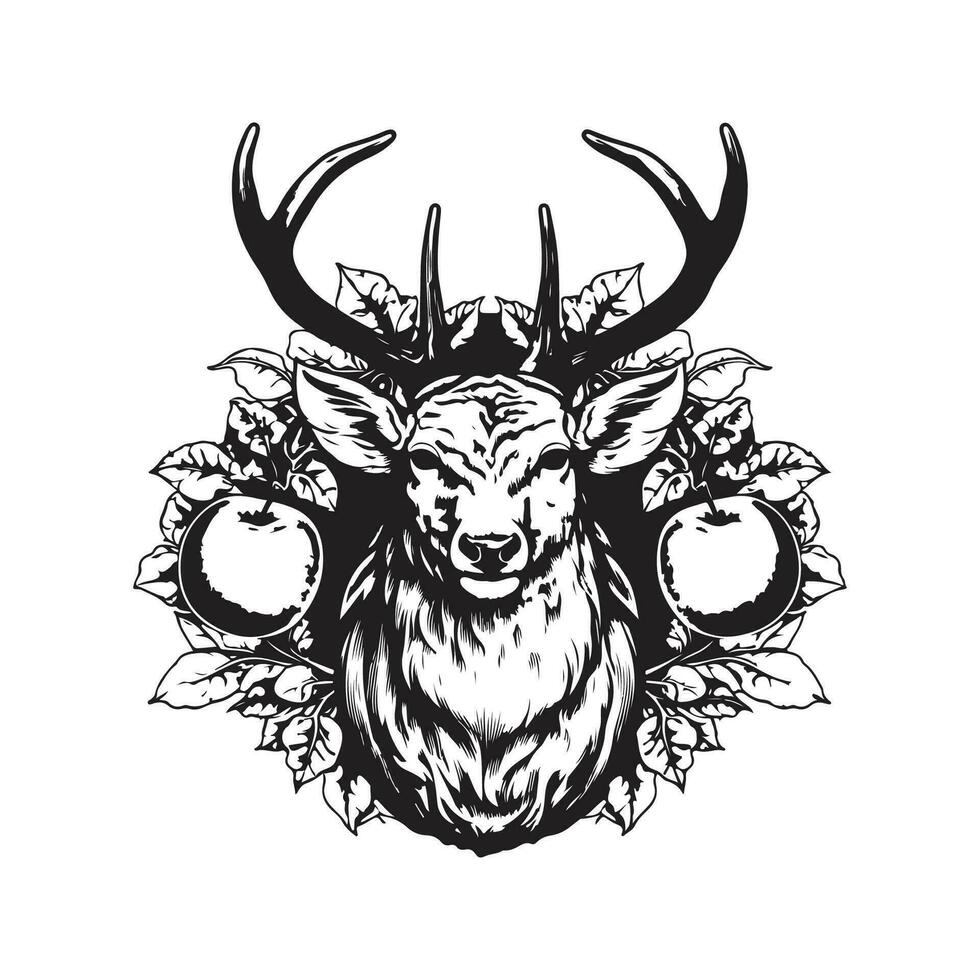 Mela con cervo, Vintage ▾ logo linea arte concetto nero e bianca colore, mano disegnato illustrazione vettore