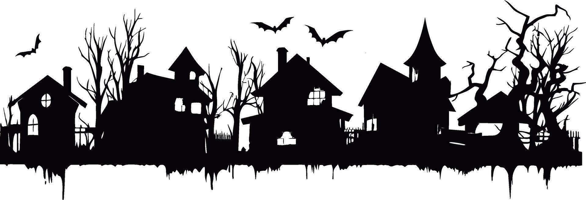 piccolo cartone animato cittadina silhouette case alberi nero e bianca. vettore illustrazione con Fata cittadina silhouette. Halloween villaggi silhouette vettore illustrazione.