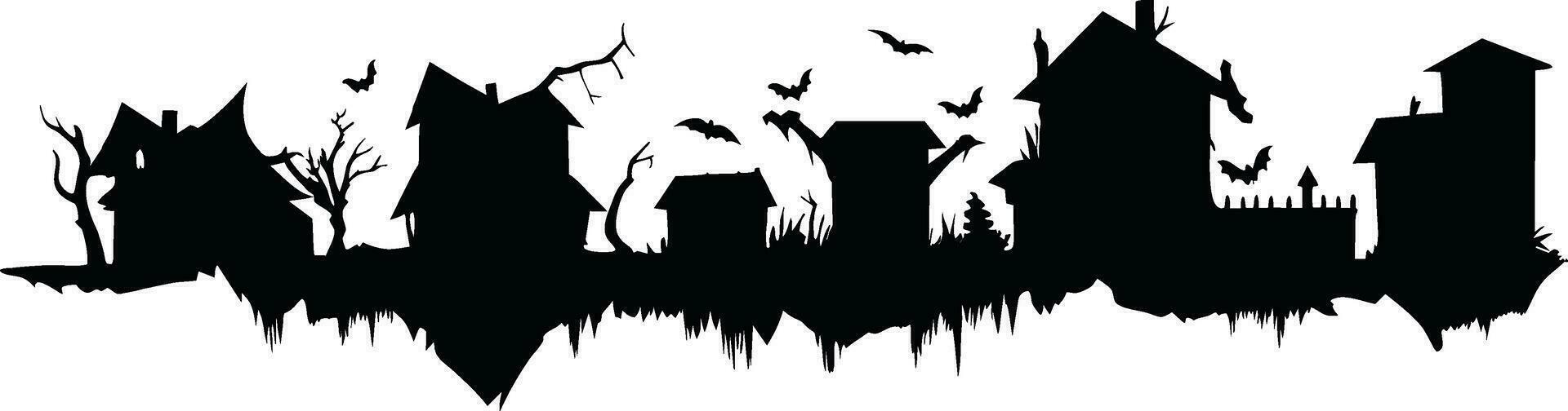 Halloween case e alberi su bianca sfondo di nero sagome stile. frequentato case o spaventoso villaggio per sfondo, bandiera e intestazione. vettore illustrazione per Halloween concetto