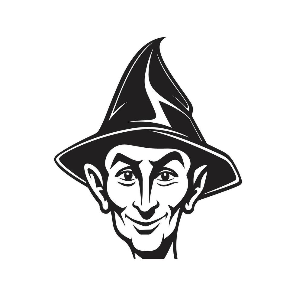 elfo indossare cappello, Vintage ▾ logo linea arte concetto nero e bianca colore, mano disegnato illustrazione vettore