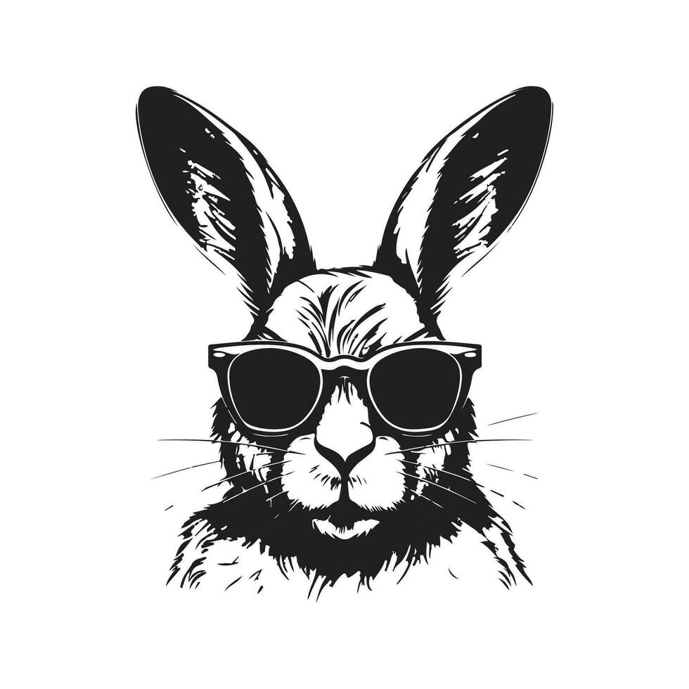 freddo coniglietto con occhiali da sole, Vintage ▾ logo linea arte concetto nero e bianca colore, mano disegnato illustrazione vettore