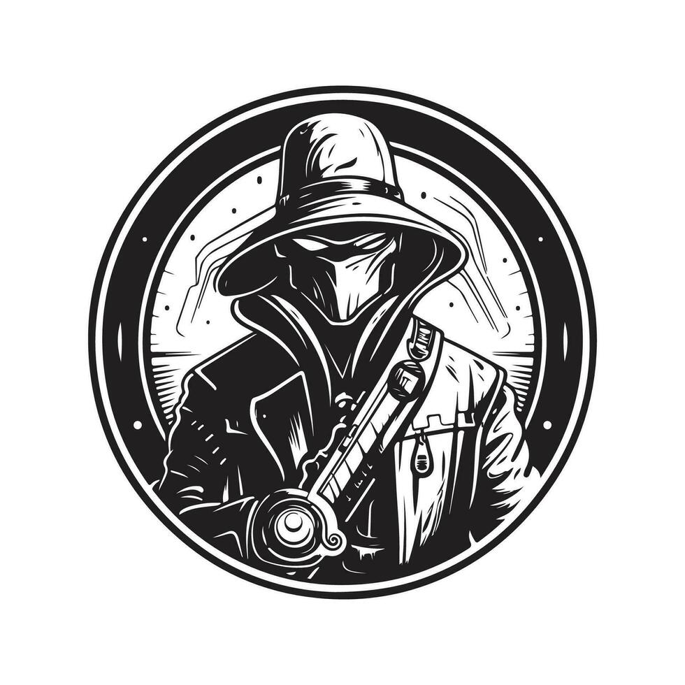 furtivo segreto assassino, Vintage ▾ logo linea arte concetto nero e bianca colore, mano disegnato illustrazione vettore