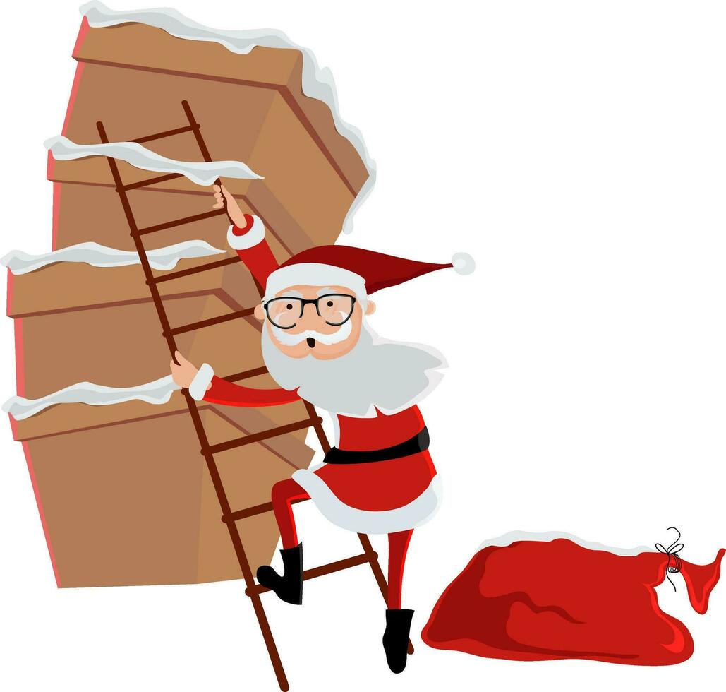 Santa Claus arrampicata per i regali pila per Natale. vettore