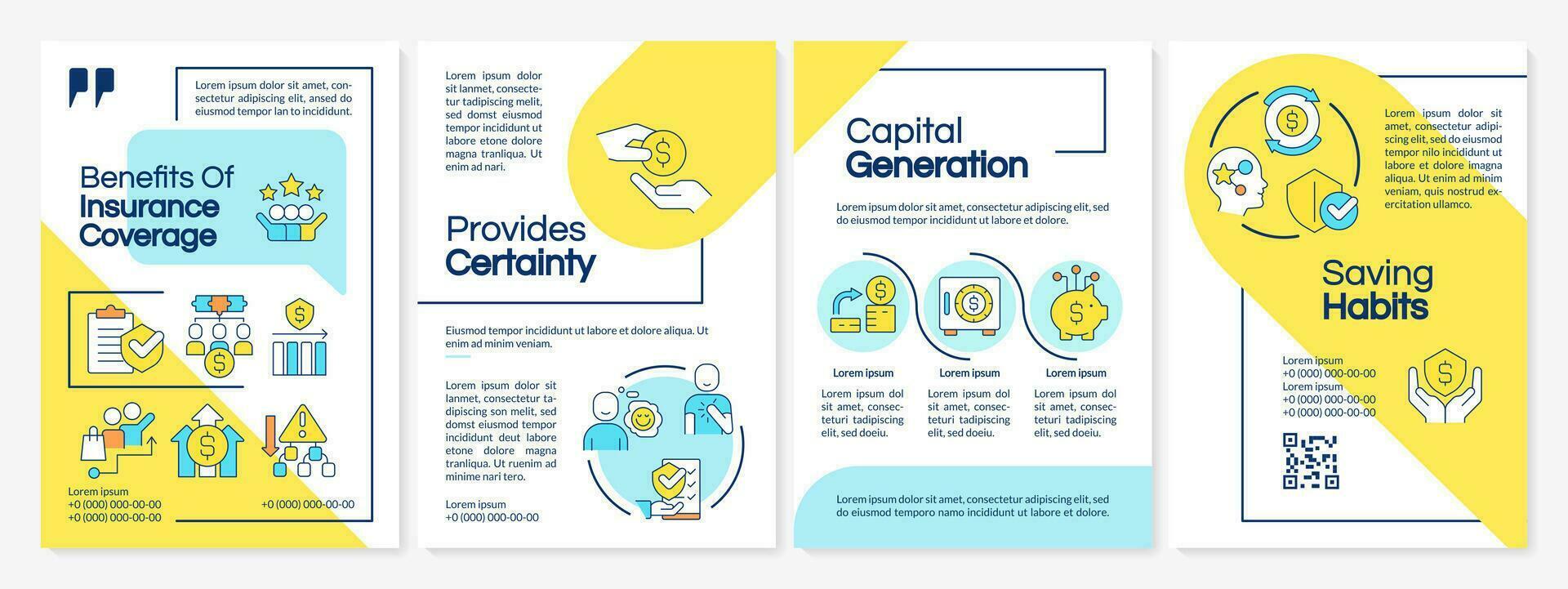 vantaggi di assicurazione copertura blu e giallo opuscolo modello. volantino design con lineare icone. modificabile 4 vettore layout per presentazione, annuale rapporti