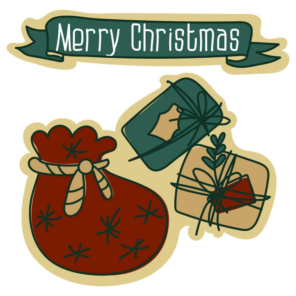 un' cartolina con un' Natale Borsa con i regali a partire dal Santa Claus e parecchi scatole di i regali, un' cartone animato Natale vettore illustrazione. un' cartolina per il vacanza nel retrò stile. cartone animato oggetto