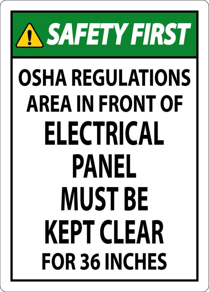 sicurezza primo cartello osha regolamenti - la zona nel davanti di elettrico pannello dovere essere tenuto chiaro per 36 pollici vettore