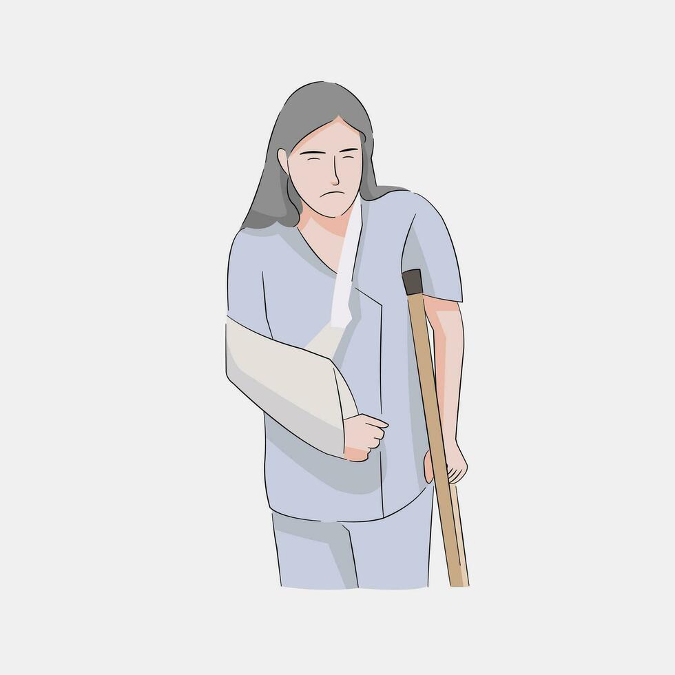 donna ferito difficile nel a piedi con bendare su gamba e braccio, nel recupero processi a partire dal ospedale vettore