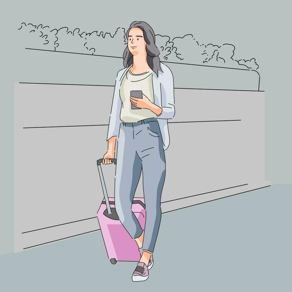 giovane donna trasporto bagaglio su viaggio vacanza a piedi in viaggio contento guardare per direzione vettore