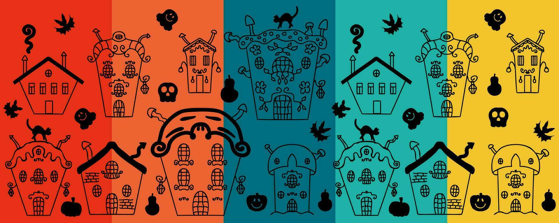 Halloween tazza modello con spaventoso case, zucche, gatti, pipistrelli e fantasmi. Perfetto per tazza, striscione, carta. vettore