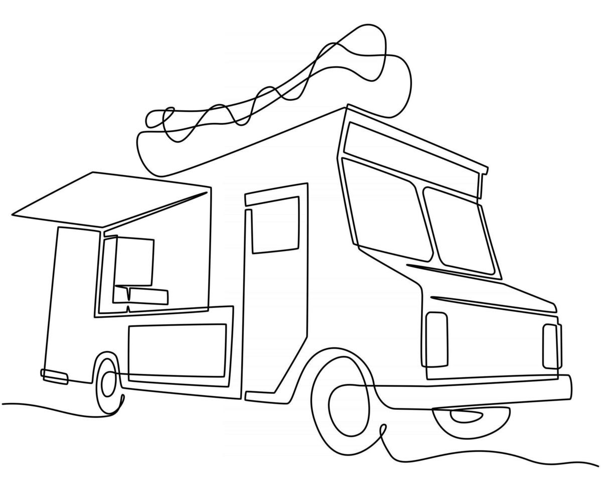 un disegno a tratteggio continuo di camion di cibo vintage per l'illustrazione vettoriale dell'emblema del logo del festival