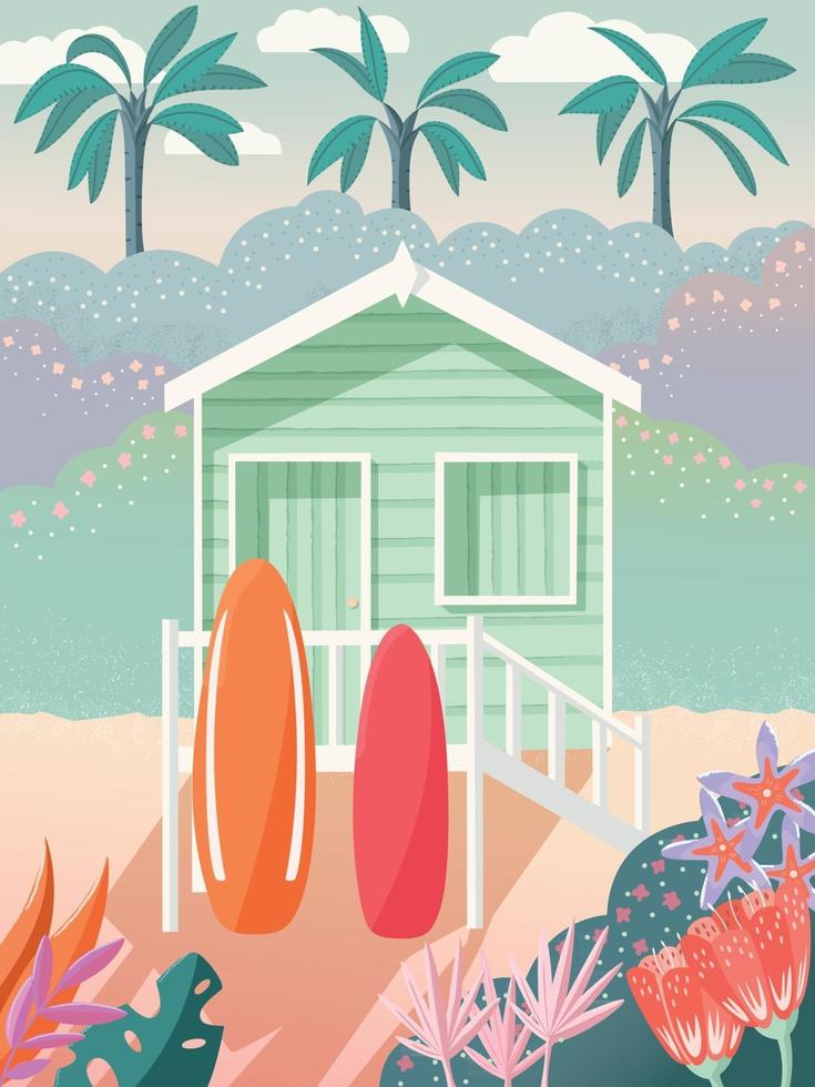 bungalow su una spiaggia con tavole da surf sul ponte. palme sullo sfondo e decorazioni floreali. casa estiva sulla sabbia, scena tropicale esotica. illustrazione vettoriale colorato.