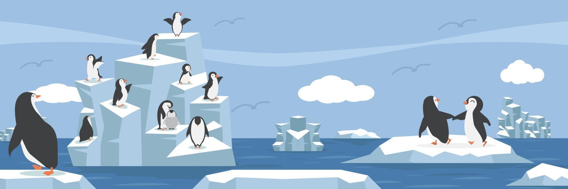 polo nord artico con gruppo di pinguini paesaggio vettore