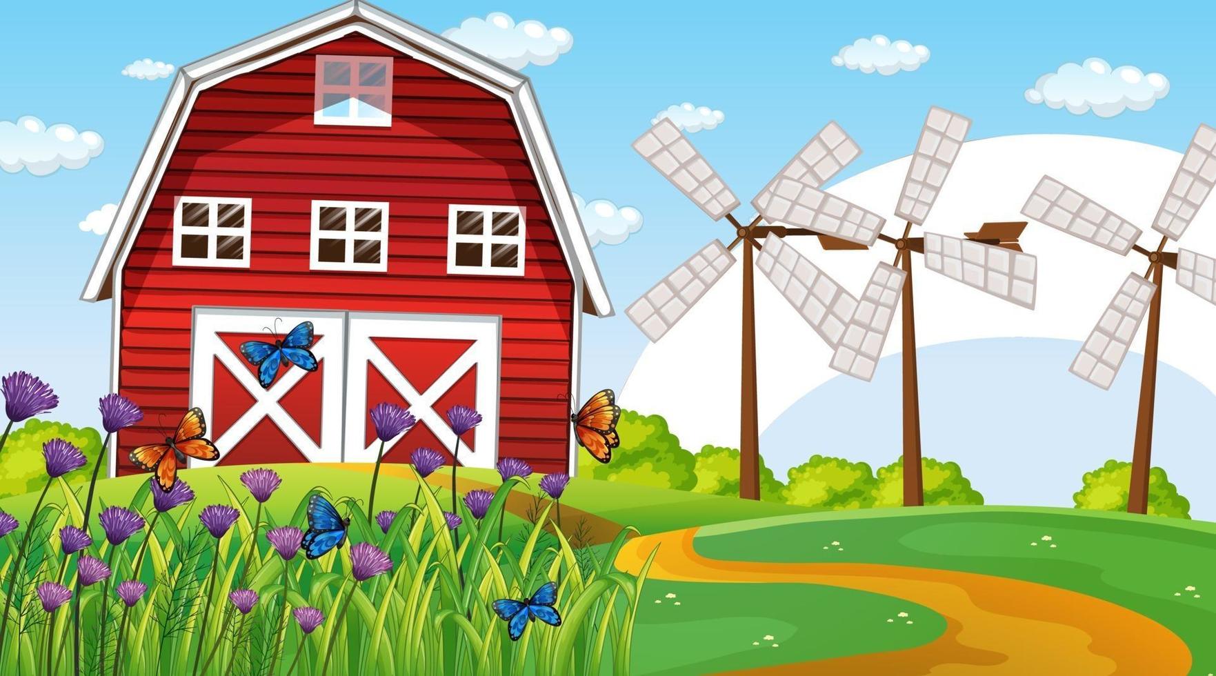 scena del paesaggio della fattoria con fienile e mulino a vento vettore