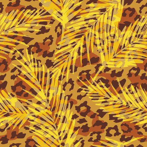 Seamless pattern esotico con foglie di palma e sagome di animali vettore