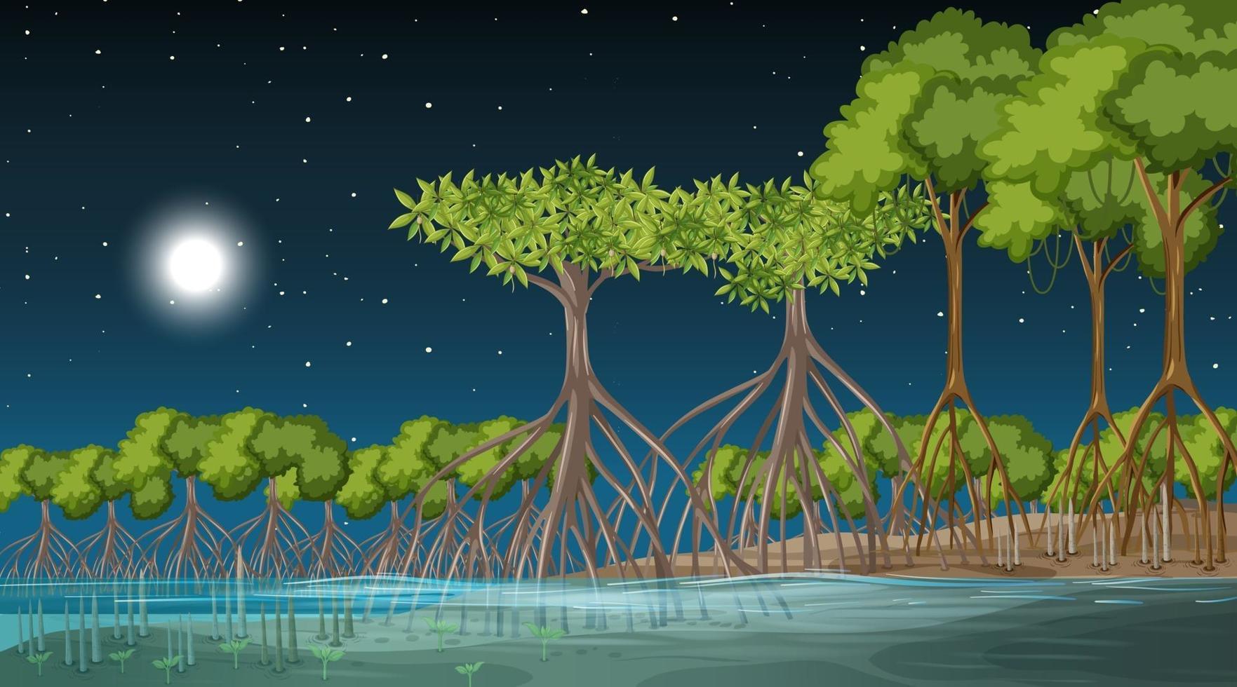 scena del paesaggio della foresta di mangrovie di notte vettore