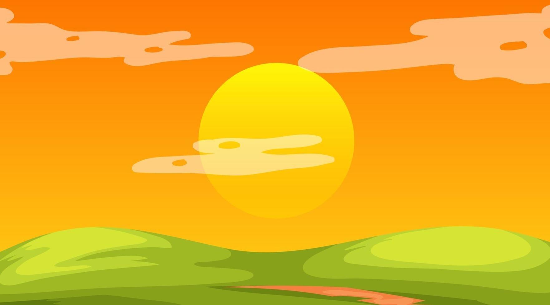 la scena del paesaggio del prato vuoto con il sole sta tramontando vettore