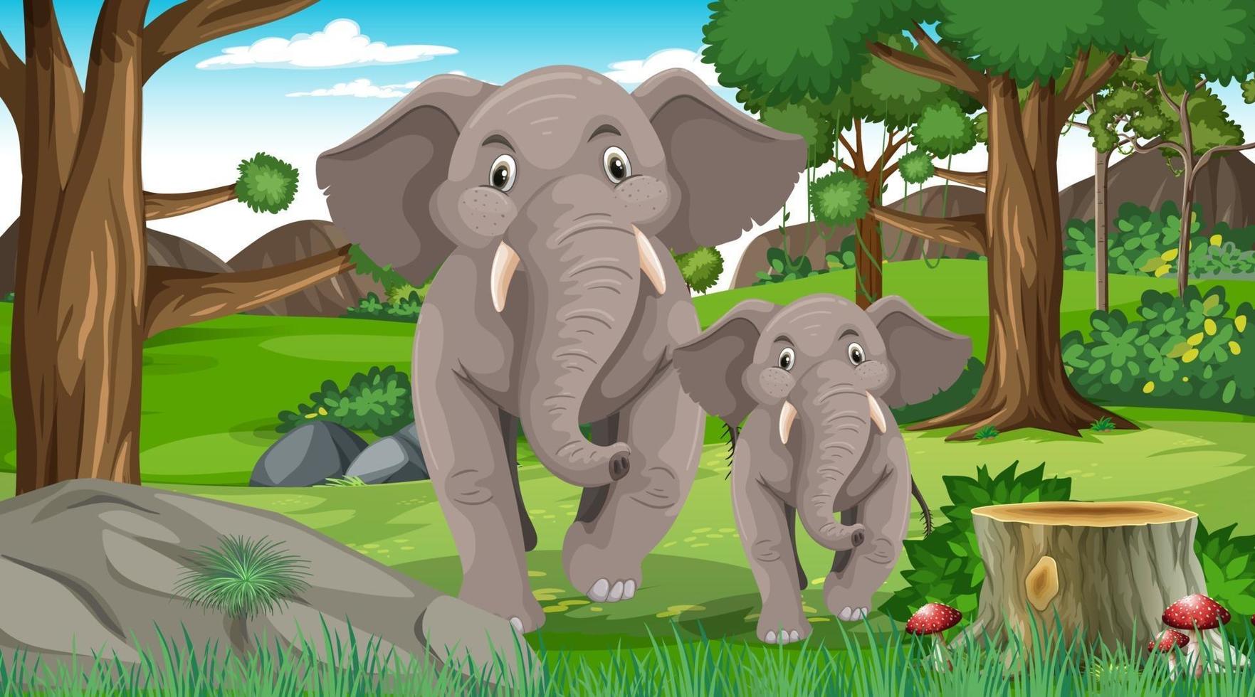 mamma e bambino elefante nella scena della foresta o della foresta pluviale con molti alberi vettore