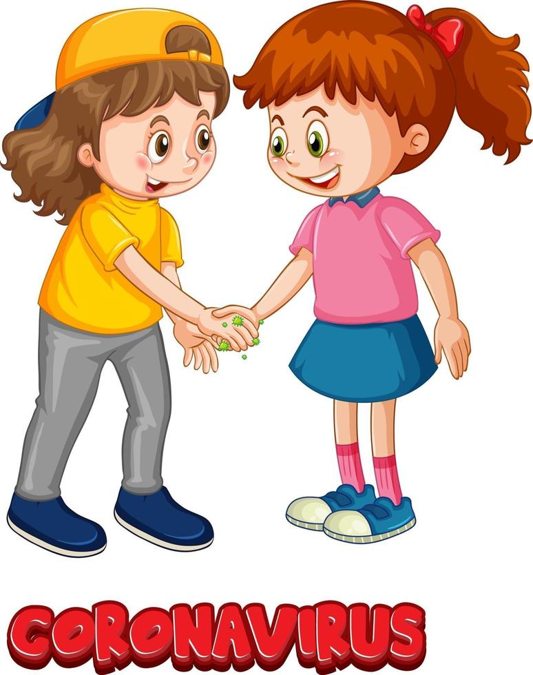 il personaggio dei cartoni animati di due bambini non mantiene la distanza sociale con il carattere del coronavirus isolato su sfondo bianco vettore