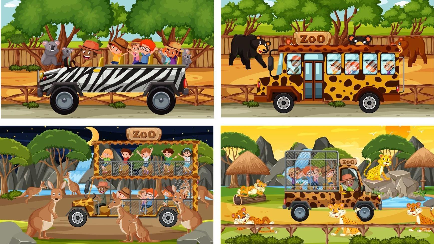 set di diverse scene di safari con animali e personaggi dei cartoni animati per bambini vettore