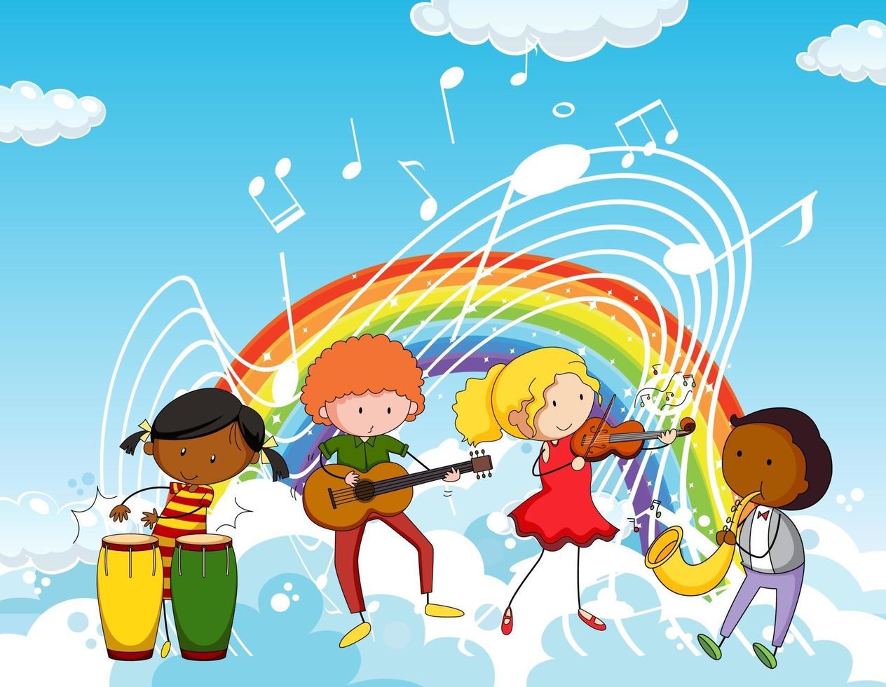 bambini felici con simboli di melodia musicale nel cielo con arcobaleno vettore