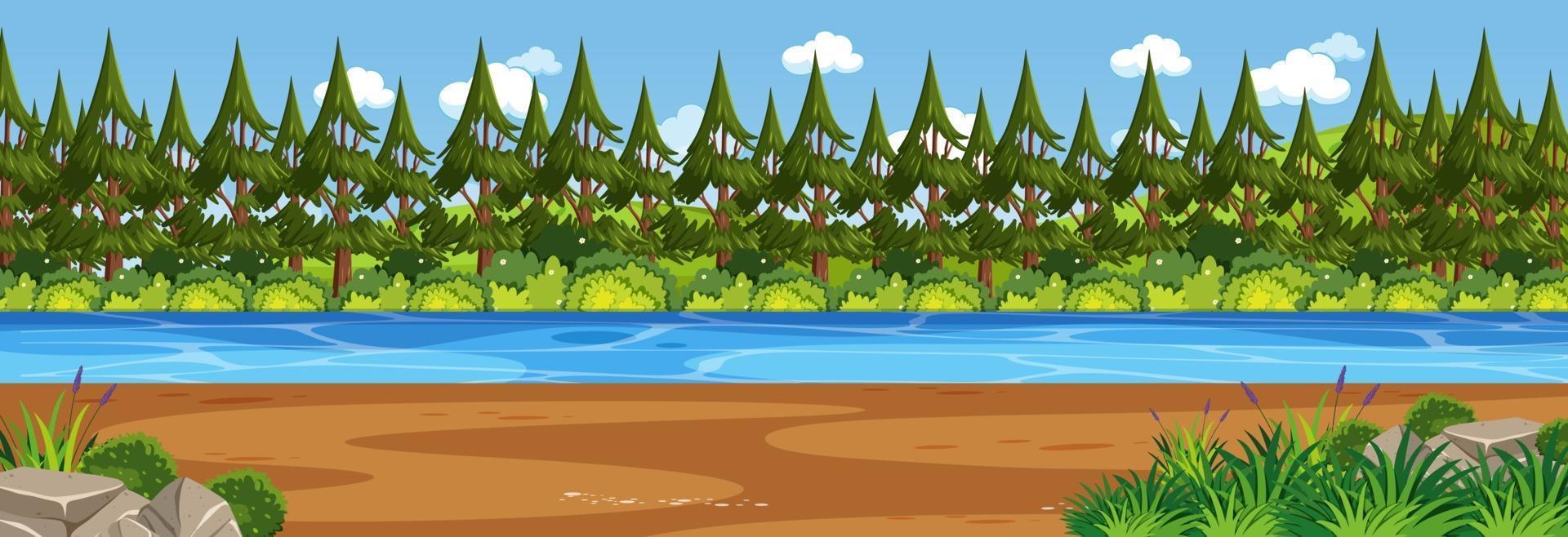 scena del paesaggio panoramico con il fiume attraverso la foresta vettore