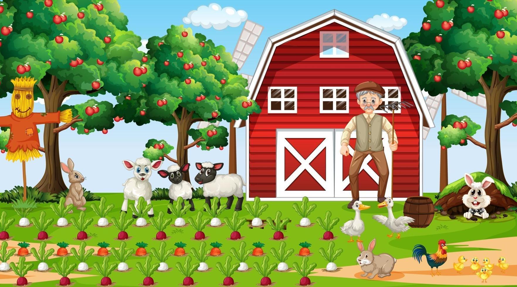 scena della fattoria durante il giorno con vecchio contadino e simpatici animali vettore