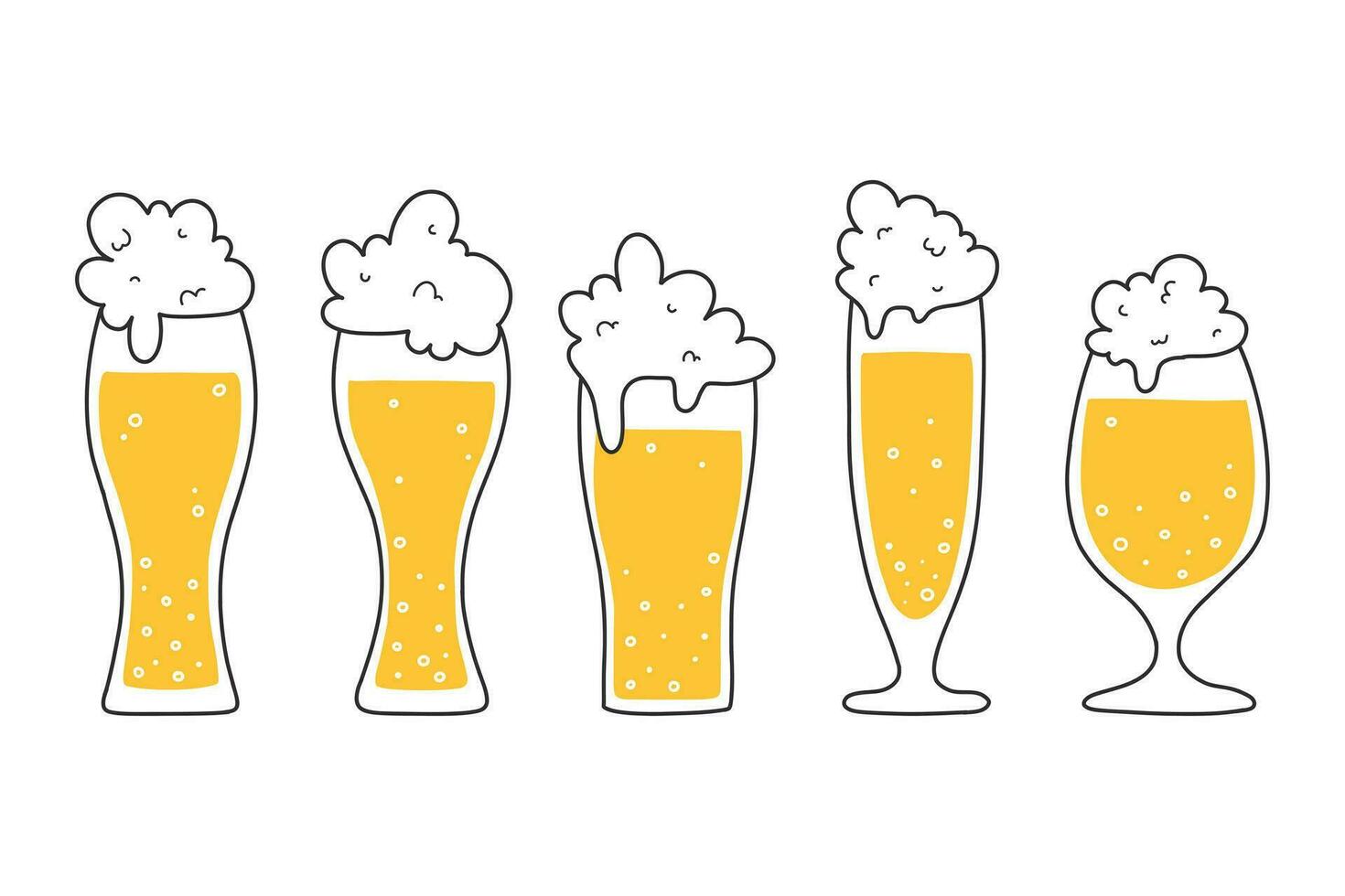 impostato di bicchieri con birra nel scarabocchio stile. vettore illustrazione. lineare collezione di schiumoso birra.