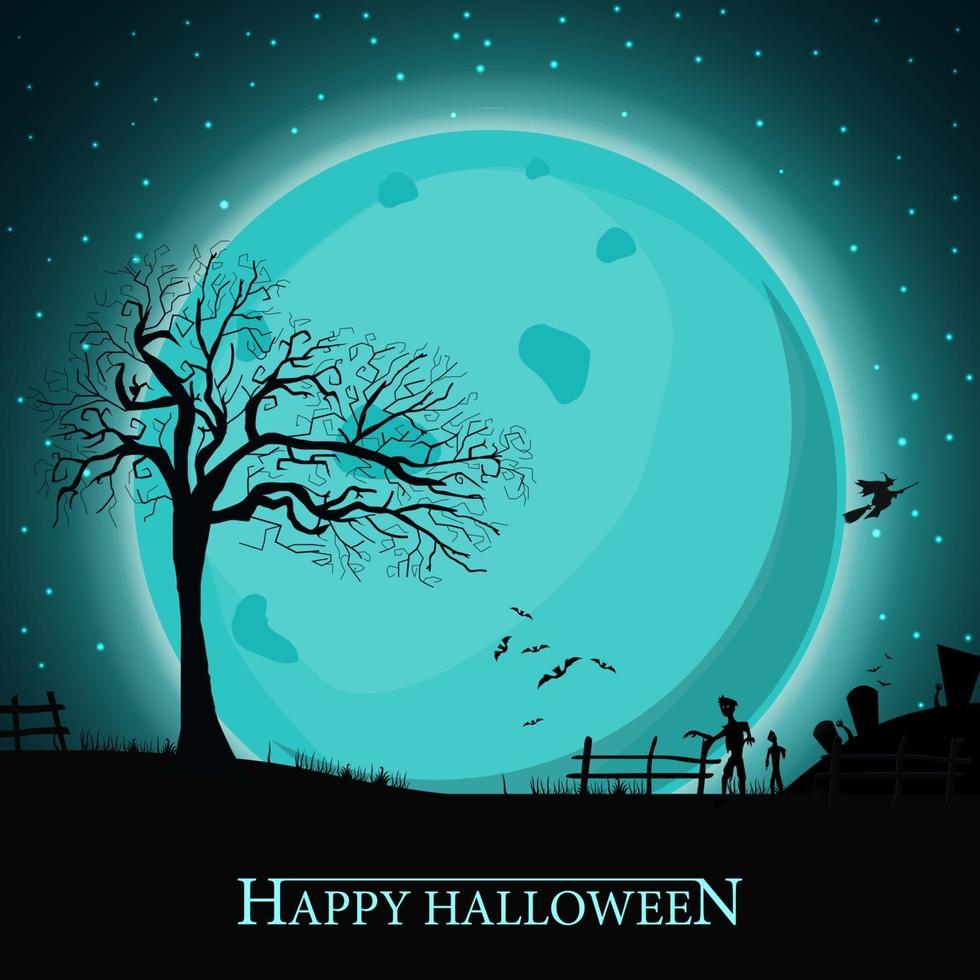 sfondo di halloween, modello quadrato per la tua creatività con paesaggio notturno con grande luna piena blu, zombie e streghe, modello blu con spazio per il testo vettore