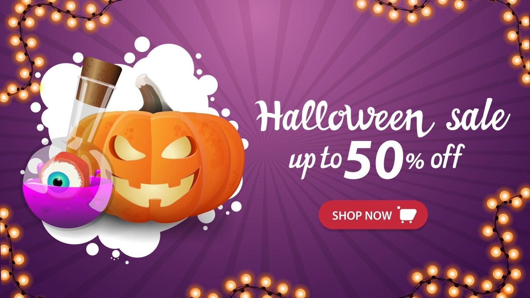 saldi di halloween, fino a 50 di sconto, banner viola orizzontale con ghirlanda, bottone acquista ora, jack zucca e pozione della strega vettore