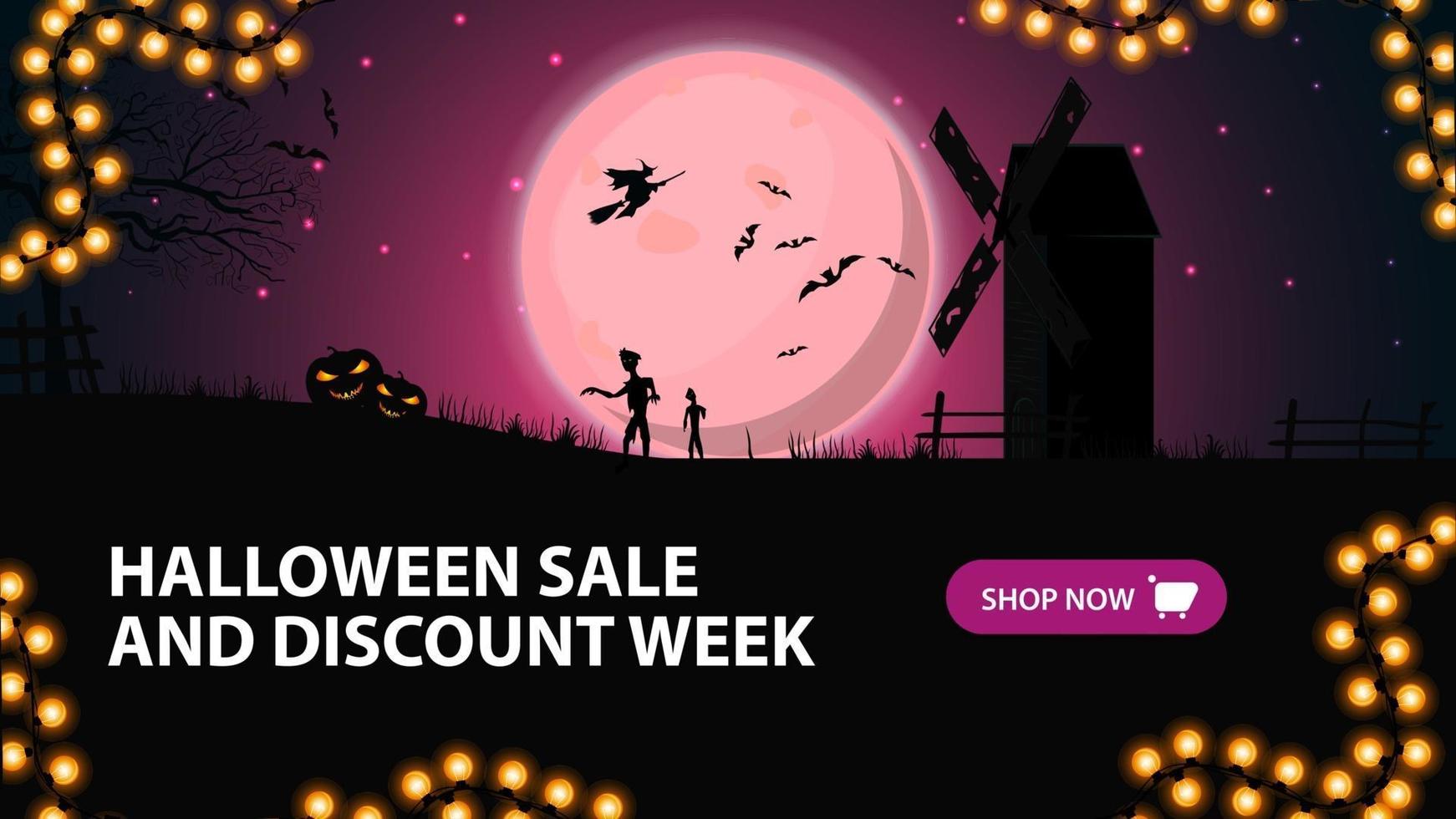 settimana di saldi e sconti di halloween, banner di sconto orizzontale per la tua attività con paesaggio notturno rosa con luna piena, vecchio mulino, streghe e zombie vettore