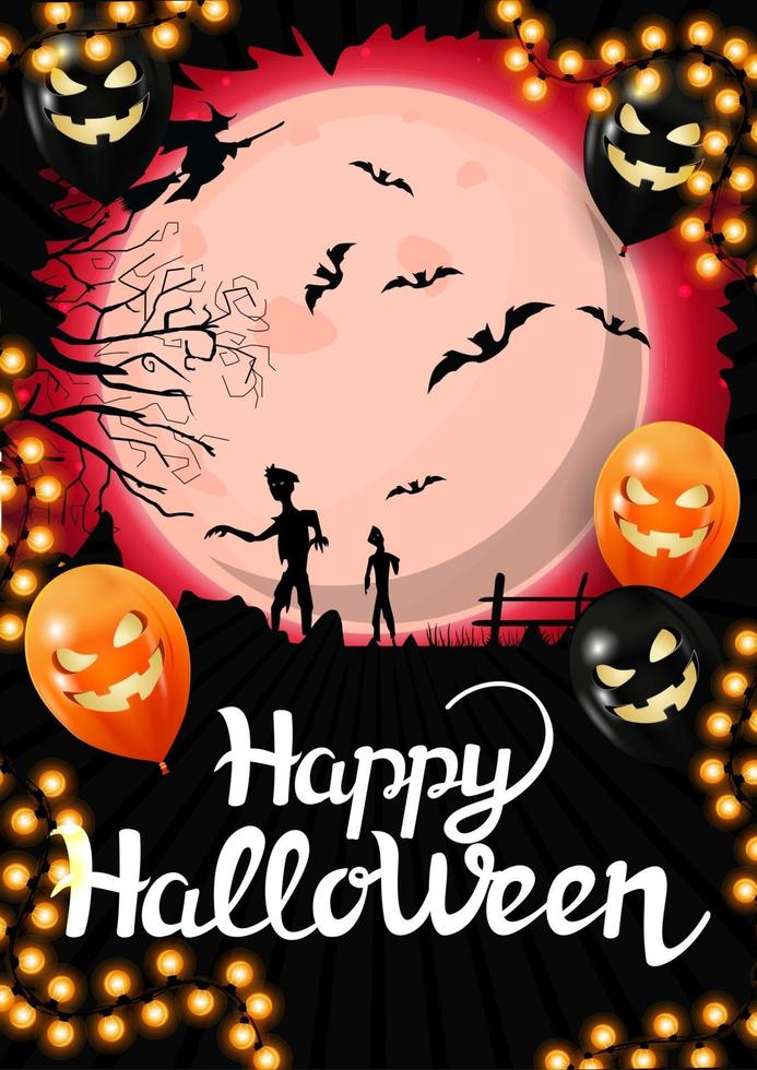 buon halloween, modello verticale per la tua creatività con grande luna piena e zombi sullo sfondo. modello decorato con palloncini e ghirlande di halloween vettore