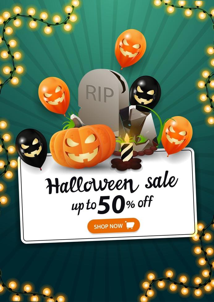 saldi di halloween, banner sconto bianco a forma di foglio di carta con lapide, jack zucca e palloncini di halloween balloon vettore