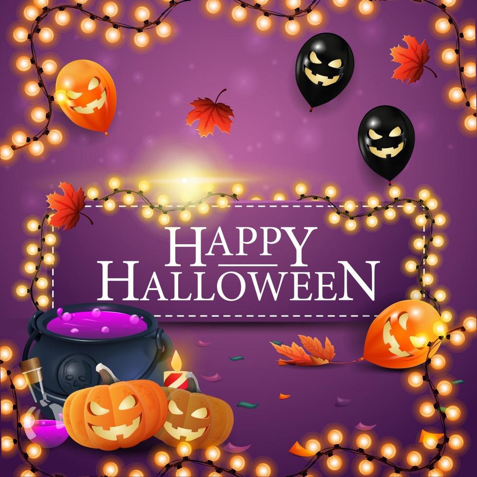 buon halloween, cartolina d'auguri quadrata viola con palloncini di halloween, foglie autunnali, calderone della strega e jack zucca vettore