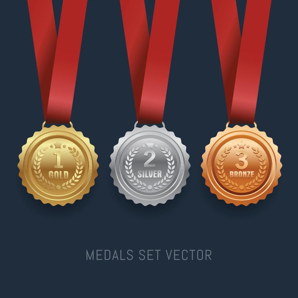 set di medaglie d'oro argento e bronzo vettore