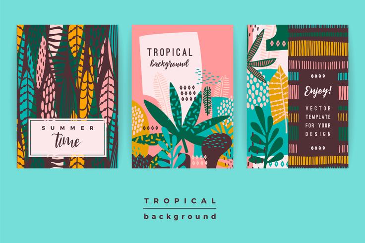 Set di modelli creativi astratti con foglie tropicali. vettore